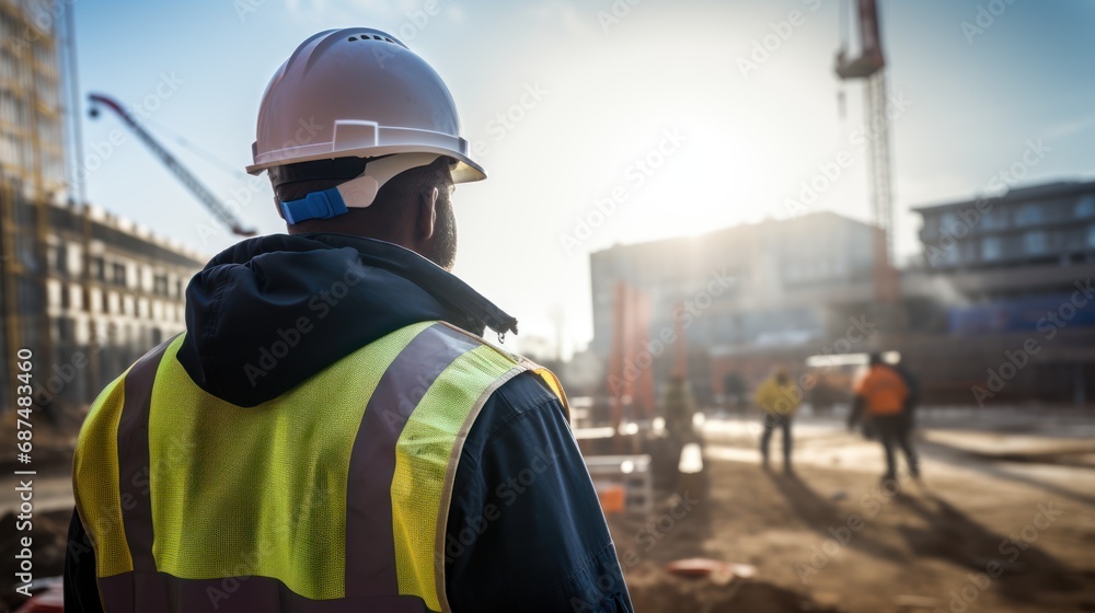 View from behind, A civil engineer stands looking at the construction site. Skilled workers at construction sites View from behind, A civil engineer stands looking at the construction site. Skilled workers at construction sites