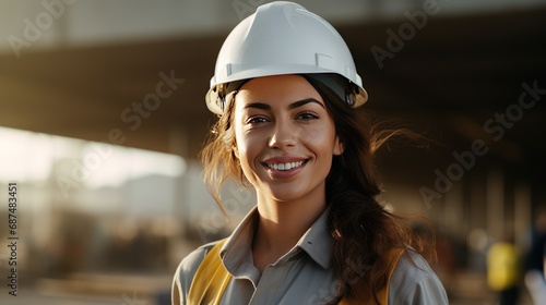 Beautiful female engineer, white skin. looking at camera On a construction site. Smiling ethinic woman  photo