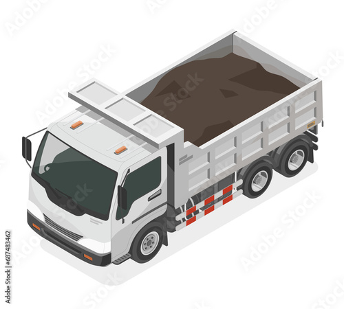 Construction dump truck pickup carry soil vehicle machinery white isometric isolated cartoon
