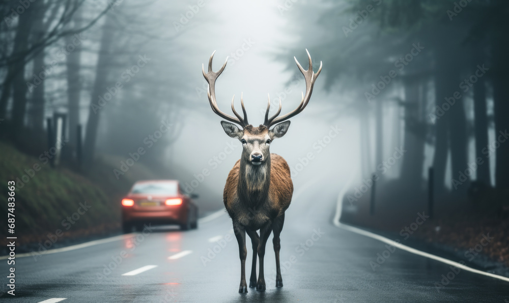 Fototapeta premium Majestic stag with impressive antlers standing in the middle of a foggy road facing the camera with a car approaching in the background