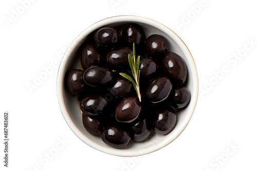 vu de dessus d'un bol rempli d'olives noires à la Grecque photo