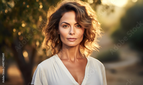 Confident mature woman with curly hair in white blouse outdoors, serene expression in soft-focus nature background during golden hour