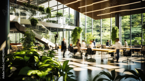 Modern eco-friendly office space with employees working and walking, surrounded by lush green plants and natural light, showcasing a dynamic and sustainable workplace environment photo