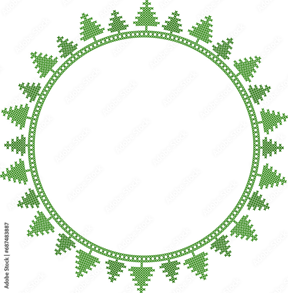 Round Christmas frame for cross-stitch motifs of folk embroidery with Christmas trees Round Christmas frame for cross-stitch motifs of folk embroidery with Christmas trees