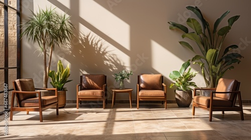 House lobby showing a lineup of brown chairs