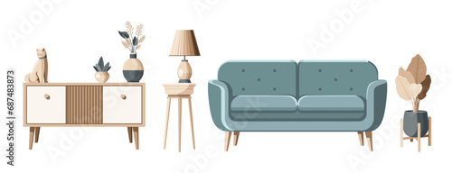 Set of furniture elements for living room: cofa, dresser, console table and houseplants. Flat style vector illustration isolated on white background in eps 10