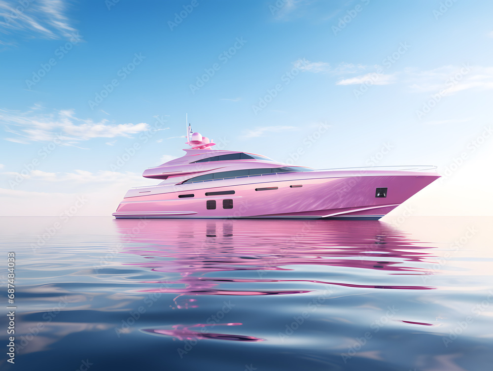 pink luxury  yacht in the sea on a background of blue sky with clouds