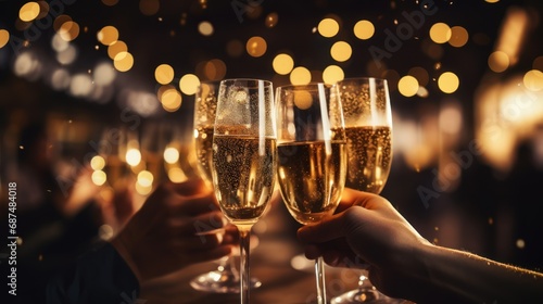 They celebrated the New Year with the background of golden lights and drinking champagne