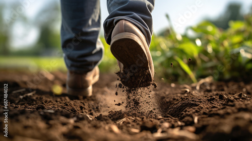 Close-up of a boot digging into soil  symbolizing gardening or farming  with soil particles flying around  indicating the action of working the land.
