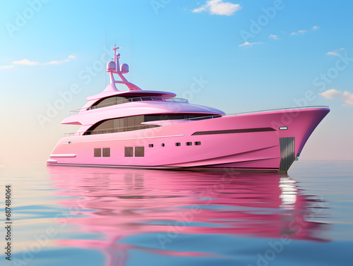 pink luxury yacht in the sea on a background of blue sky with clouds