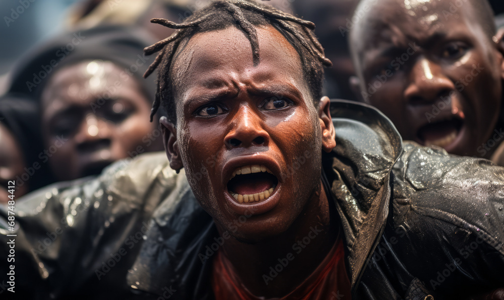 Desperate African migrants disembarking in tumultuous waters, grasping for safety, a visceral portrayal of their perilous journey Desperate African migrants disembarking in tumultuous waters, grasping for safety, a visceral portrayal of their perilous journey