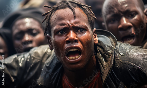 Desperate African migrants disembarking in tumultuous waters, grasping for safety, a visceral portrayal of their perilous journey
