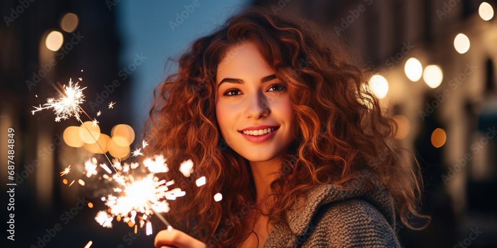 Close up of young attractive woman holds sparklers in her hands