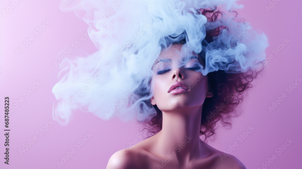 Fashion art portrait of beauty model woman in bright lights with colorful smoke. Smoking girl, Close up of a female inhaling from an electronic cigarette. Night life concept.