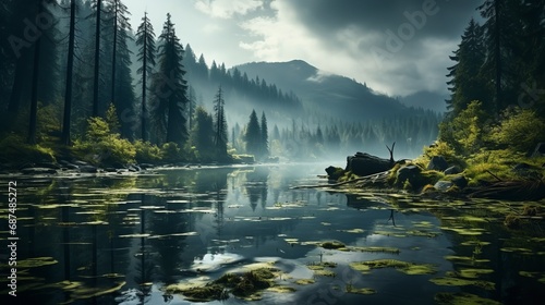 Mysterious fog hovering over forest waters