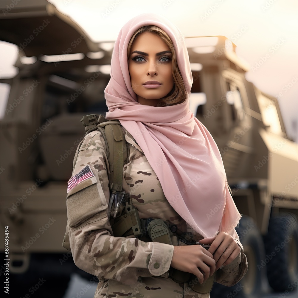 Photo of a Woman Wearing a Hijab while Standing in Front of a Military Machine in the Middle of the Desert. Photo of a Woman Wearing a Hijab while Standing in Front of a Military Machine in the Middle of the Desert.