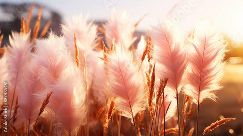 Close up of pampas grass plumes soft and fluffy on a field with sunshine. Generative AI