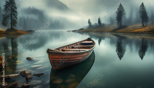 Wooden boat on a lake in the mountains with fog © Viktoriia
