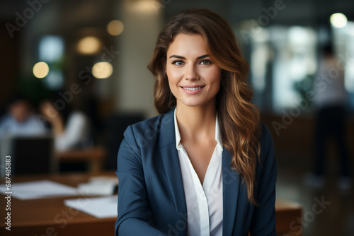 Bellissima donna manager sorridente con capelli lunghi in un moderno ufficio con abito elegante