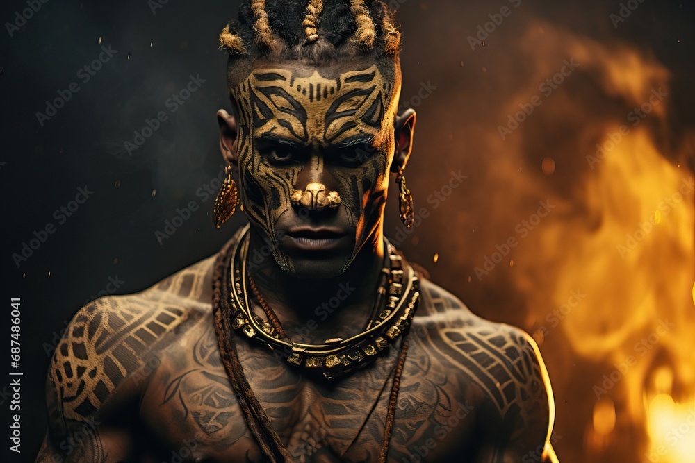 Professional Close- Up of a Dark Skinned Man Without Shirt Showing off his Tattoos of Panther Fur with Colored Smoke Behind Him.