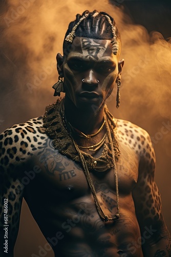 Professional Close- Up of a Dark Skinned Man Without Shirt Showing off his Tattoos of Panther Fur with Colored Smoke Behind Him. © Boss