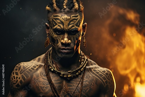 Professional Close- Up of a Dark Skinned Man Without Shirt Showing off his Tattoos of Panther Fur with Colored Smoke Behind Him.