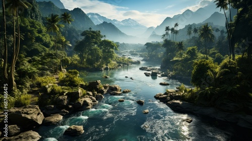 Aerial drone view of a river in a rainforest