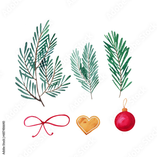 illustration of fir branches, picture of Christmas plants drawn in watercolor. 2024 