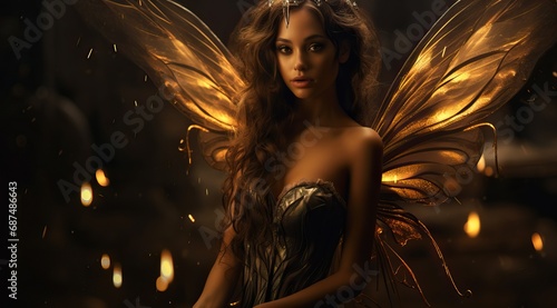 Professional Photo of a Fascinating Long Haired Fairy Posing in a Simple Dark Place Illuminated by a Golden Light sowing her WIngs.