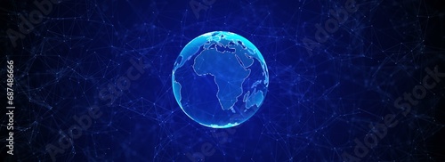 Virtual planet Earth with data connection network. Technological digital globe world background. Abstract sphere with particles and lines. Security artificial intelligence of planet. 3D rendering.