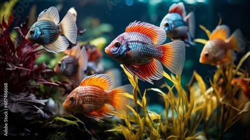 Various types of exotic aquarium fish in separate