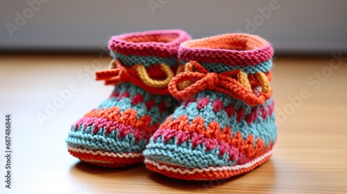 A Photo of some Simple Small and Colorful Knitted Boots placed on the Ground.