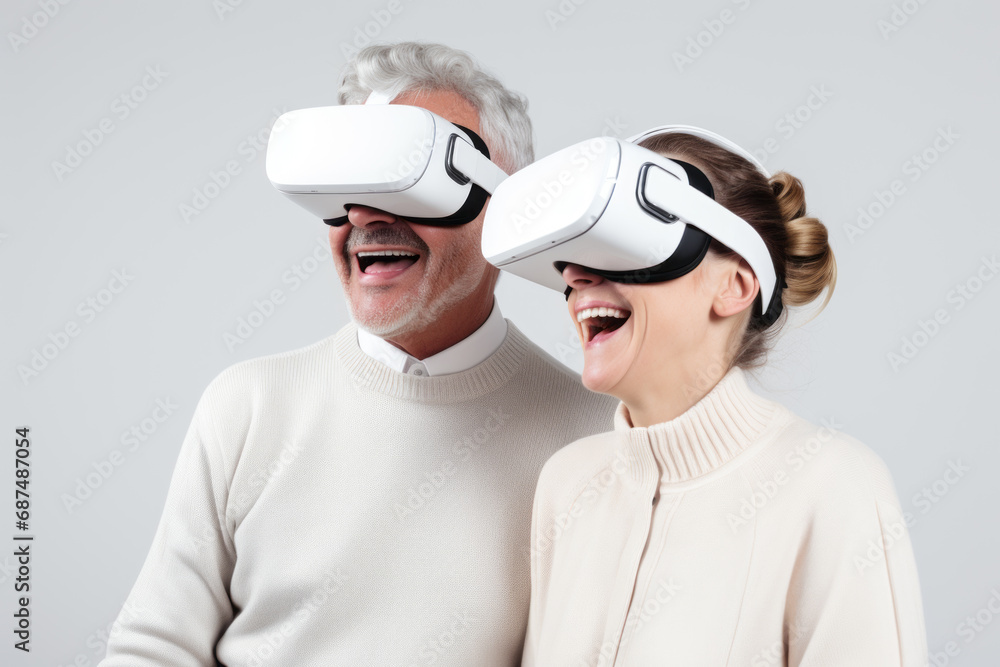 A senior couple is smiling while wearing Virtual Reality goggles.
Concept for seniors and metaverse. A senior couple is smiling while wearing Virtual Reality goggles.
Concept for seniors and metaverse.