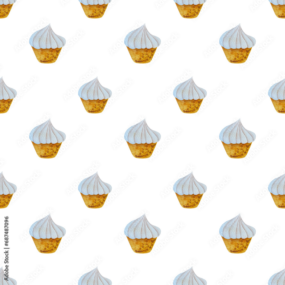 pattern cupcake illustration hand drawn in watercolors, cake with cream. pattern cupcake illustration hand drawn in watercolors, cake with cream.
