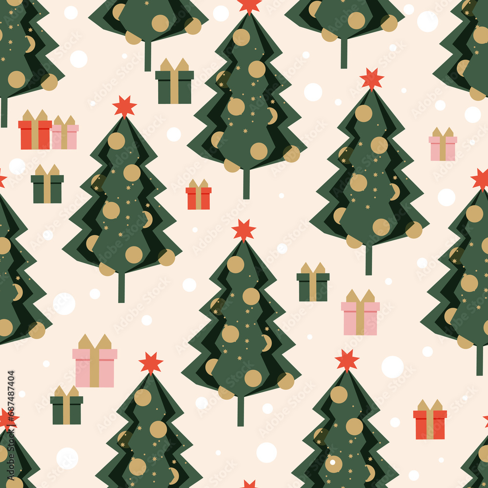 Green ornate Christmas tree with star forms a festive seamless modern pattern for textiles and wrapping paper. 