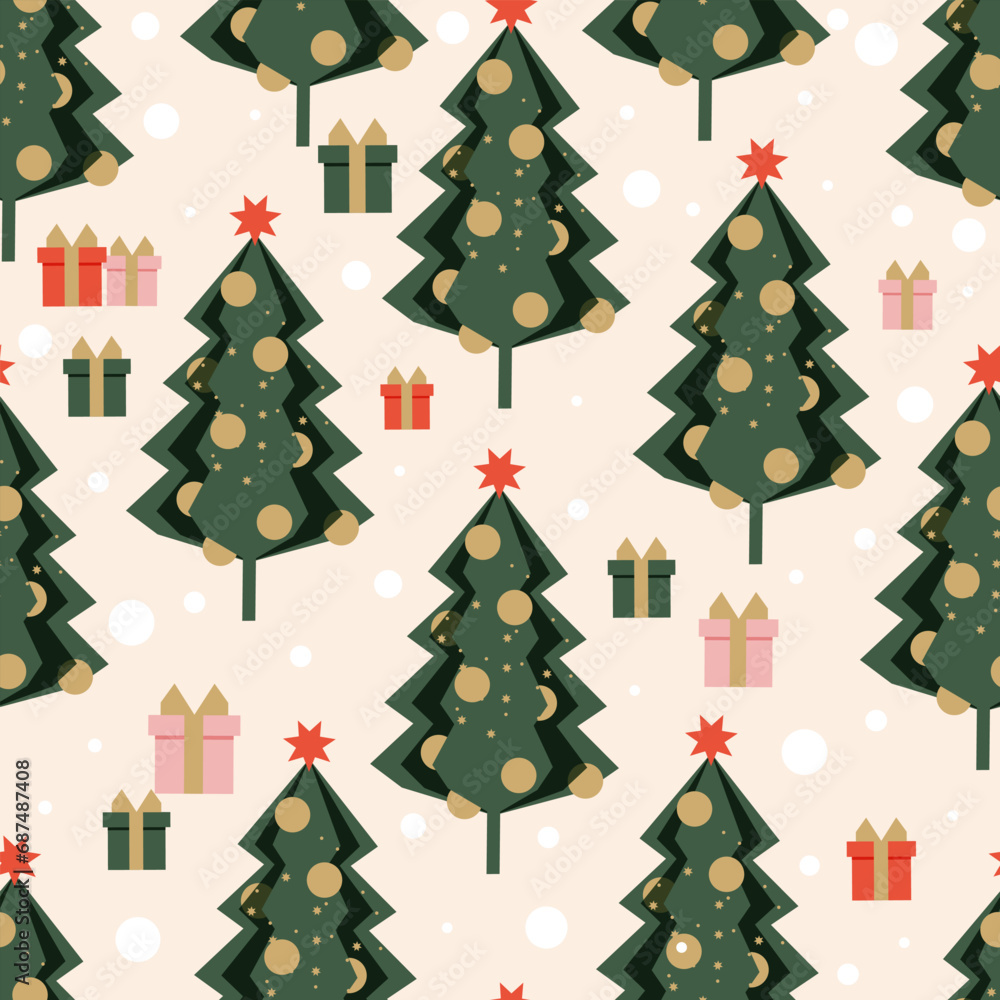 Green ornate Christmas tree with star forms a festive seamless modern pattern for textiles and wrapping paper. Vector.