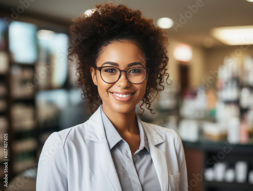  African american female pharmacist at drugstore.