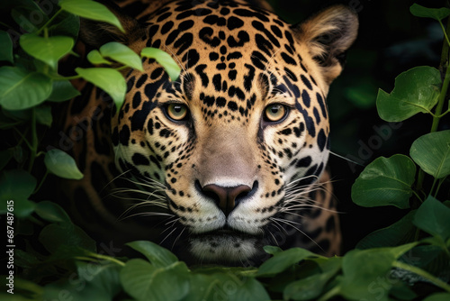 Close-up of a leopard's face in a tropical forest