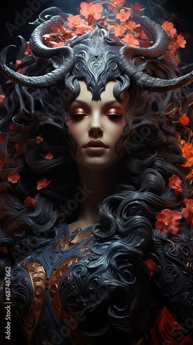 Professional Detailed Portrait of a Horned Mad and Majestic Woman dressed as an Aries Facing the Camera with Closed Eyes.