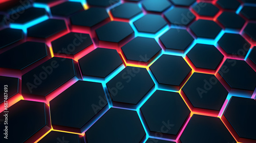 3D honeycomb pattern with neon accents on dark background