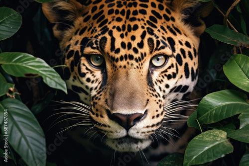 Close-up of a leopard's face in a tropical forest