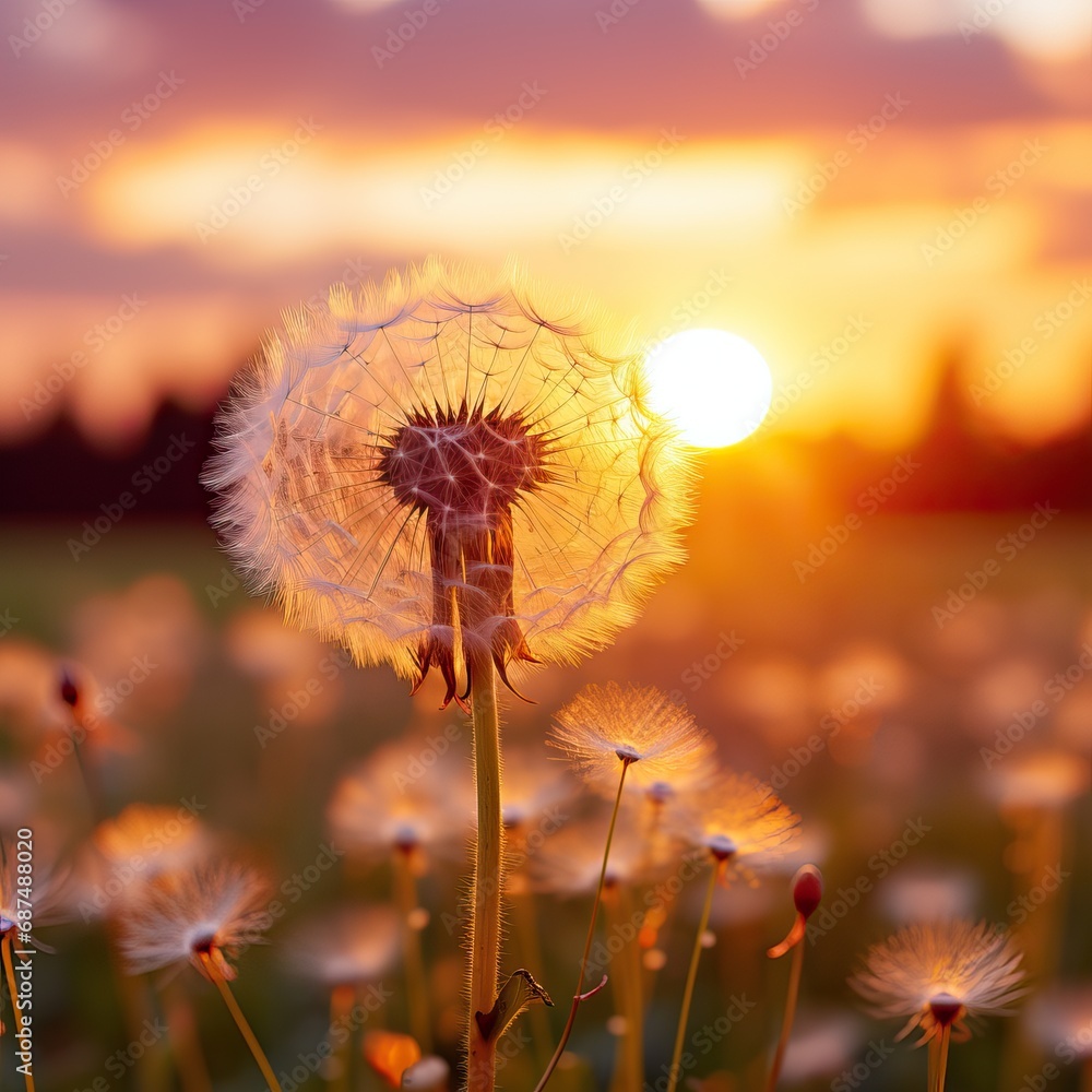 Professional Macro of a Dandelion during Sunset surrounded by Flying Dandelions.