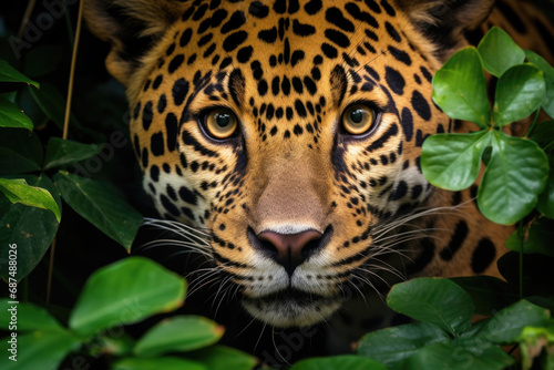 Close-up of a leopard s face in a tropical forest