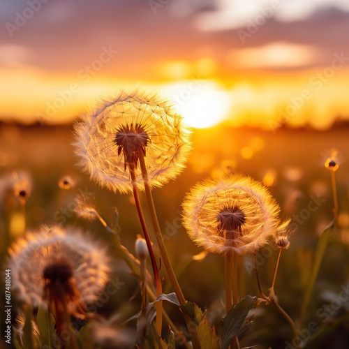 Professional Macro of a Dandelion during Sunset surrounded by Flying Dandelions.