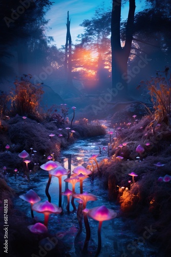 Professionan Photo of a Magical Forest with some Shining Mushrooms next to a Little River in the Middle of the Trees with Fog Hiding the Pink and Purple Sky during Sunset.