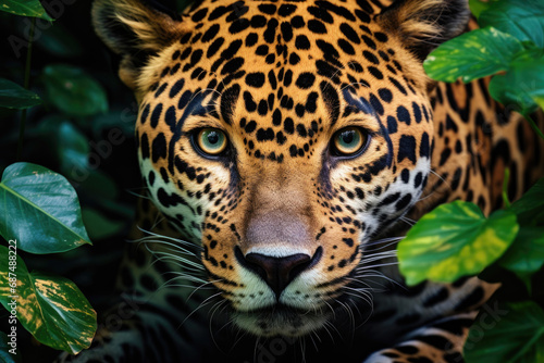 Close-up of a leopard's face in a tropical forest © Venka