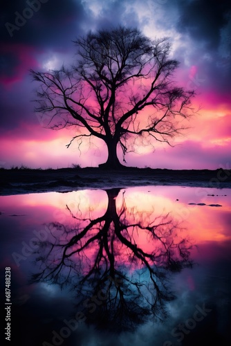 Professional Photo of a Bare Tree with a Lake in front of it Reflecting the Pink and Purple Clouds of the Sunset in the Sky.