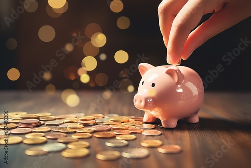 Professional Photo of a Small and Cute Piggy Bank Placed on a Wooden Floor Surrounded by Coins with a Newborn's Hand Going to Reach the Savings for His Future.