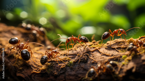 Busy ant colony at work on forest floor, macro shot with selective focus highlighting teamwork, nature's intricacy, and wildlife habitat
