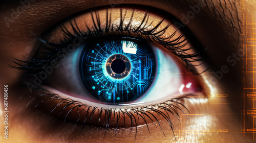 Close-up of human eye with futuristic digital overlay, concept of biometric scanning technology and advanced personal identification photo